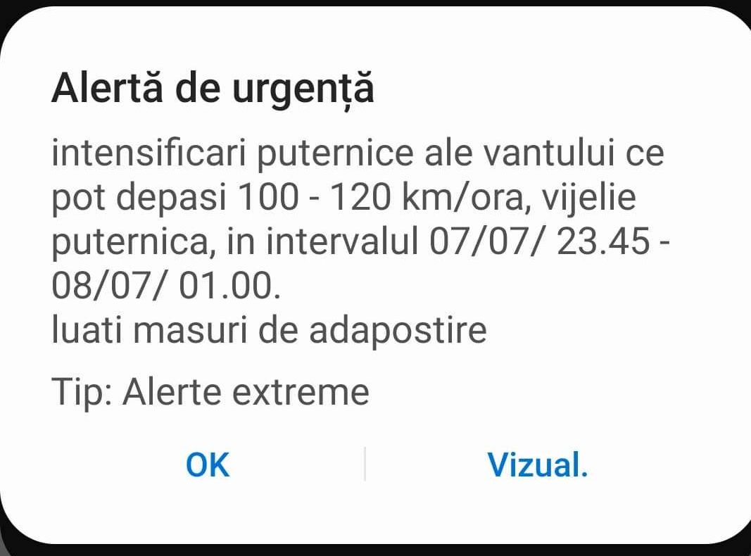 Vijelie puternică şi vânt, la Slatina. Mesaj de alarmă emis prin RO-ALERT