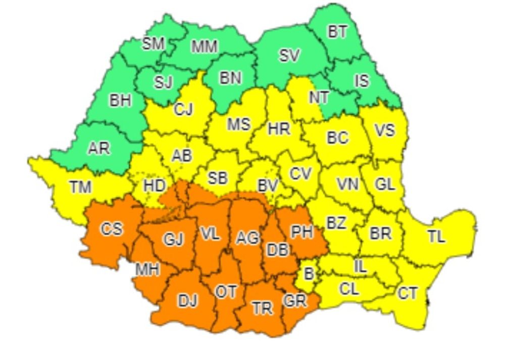 Alertă meteo. Cod portocaliu de ploi torențiale și vijelii, în judeţul Olt